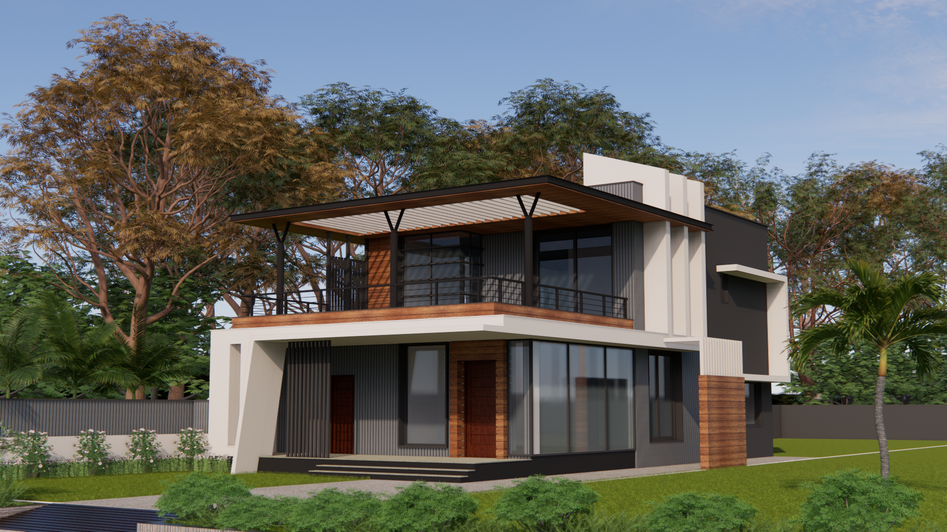 Modern architectural residence surrounded by trees
